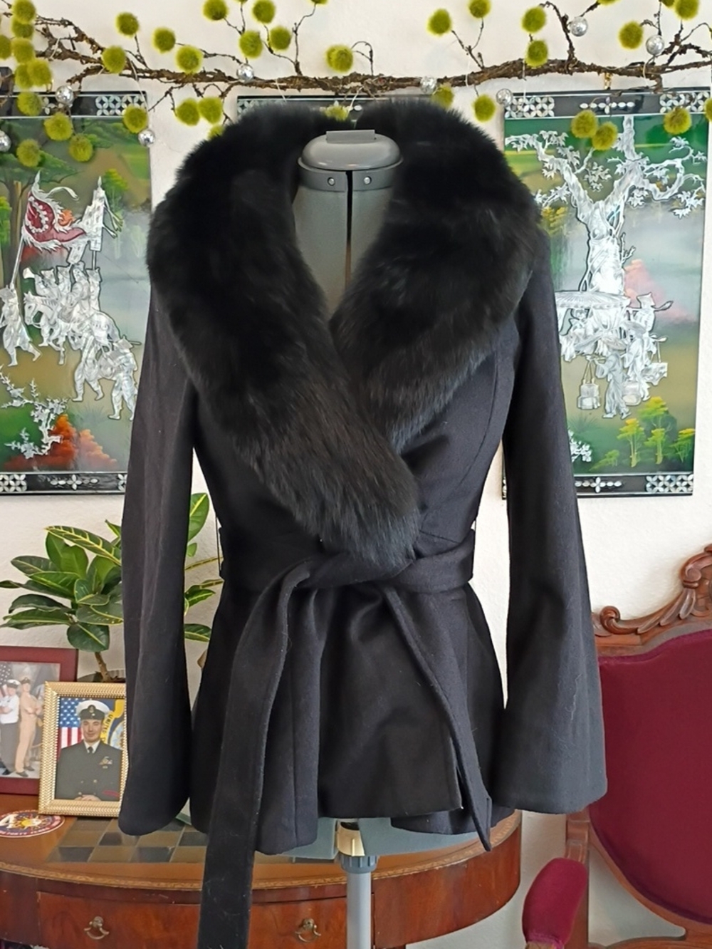 Alice And Olivia Black Wool Fur And Wool Coat Size Small